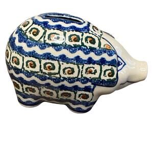 Ceramika Artystyczna Polish Pottery Piggy Bank Blue Green Boleslawiec 5